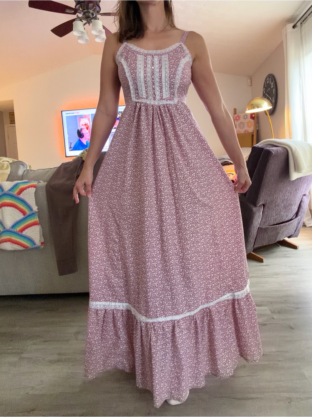 Handmade VTG Maxi Peasant Dress with Lace - Mauve XS